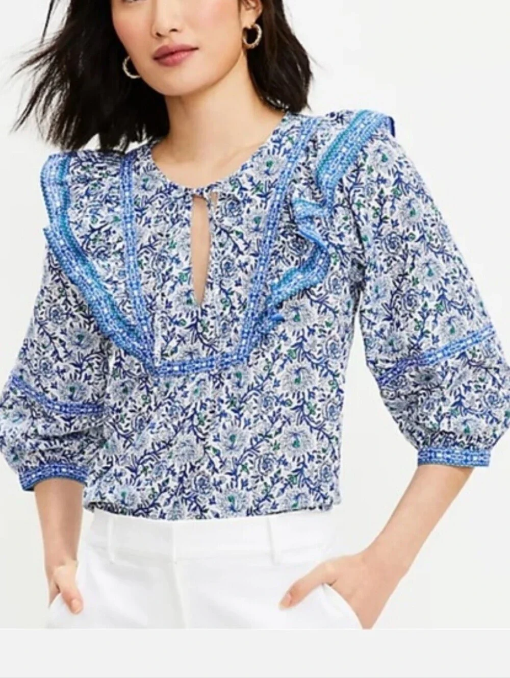 LOFT Blue Floral Ruffle Peasant Blouse